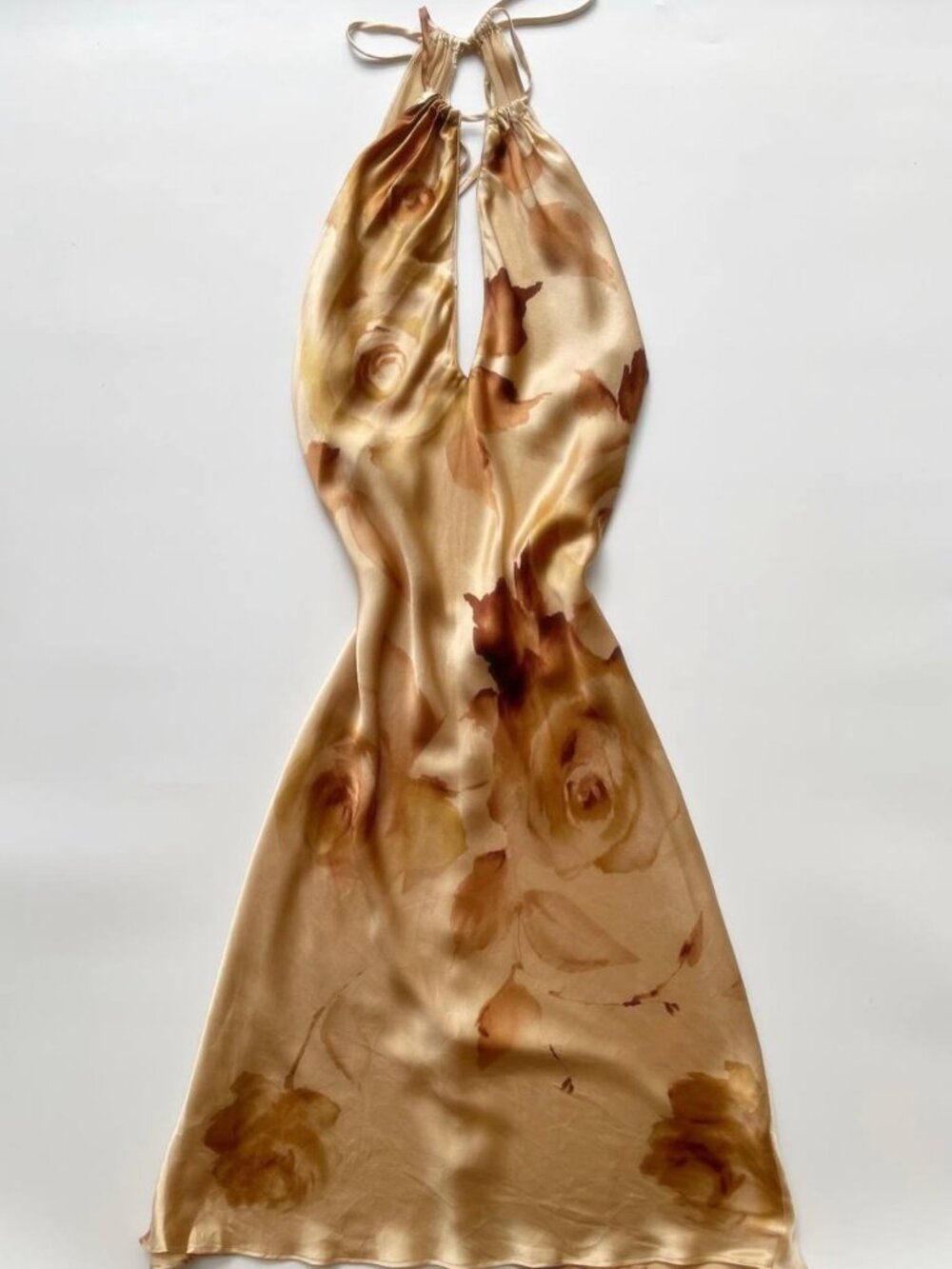 Vintage Gold Floral Satin Cowl Neck Halter Mini Dress Y2K Slip Dress